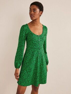Boden Green Floral Jersey Mini Dress Petite 4P Fit Flare Long Sleeve